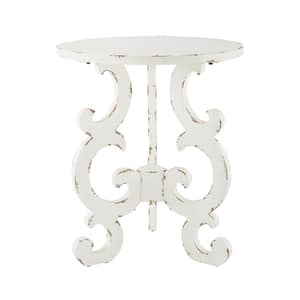 Lucas Distressed White Wood End Table with Scrollwork Base