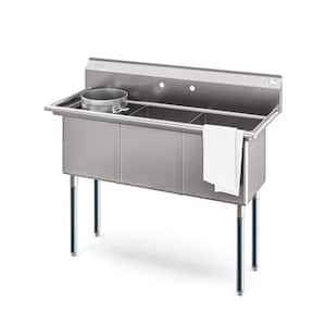 51 in Three Compartment Commercial Sink, Bowl Size 15x15x14, Stainless-Steel 18 Gauge