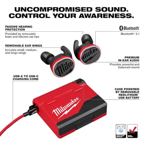 Milwaukee REDLITHIUM USB Bluetooth Jobsite Ear Buds 2191-21 - The