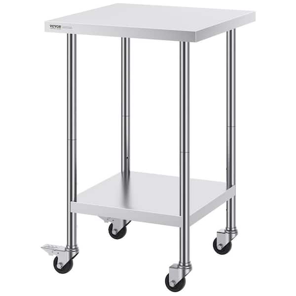 Tileon Stainless Steel Work Table 24 x 24 x 38 Inch, with 4 Wheels, 3 Adjustable Height Levels