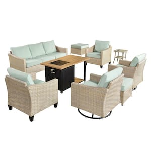 Oconee 9-Piece Wicker Patio Conversation Sofa Set with Swivel Rocking Chairs, a Shelf Fire Pit and Light Green Cushions