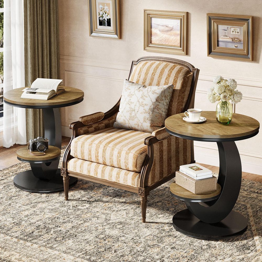 Kerlin 19.7 in. Oak Brown and Black 2-Tier Round MDF Side Table, C Table for Living Room, Bedroom and More, 2-Piece