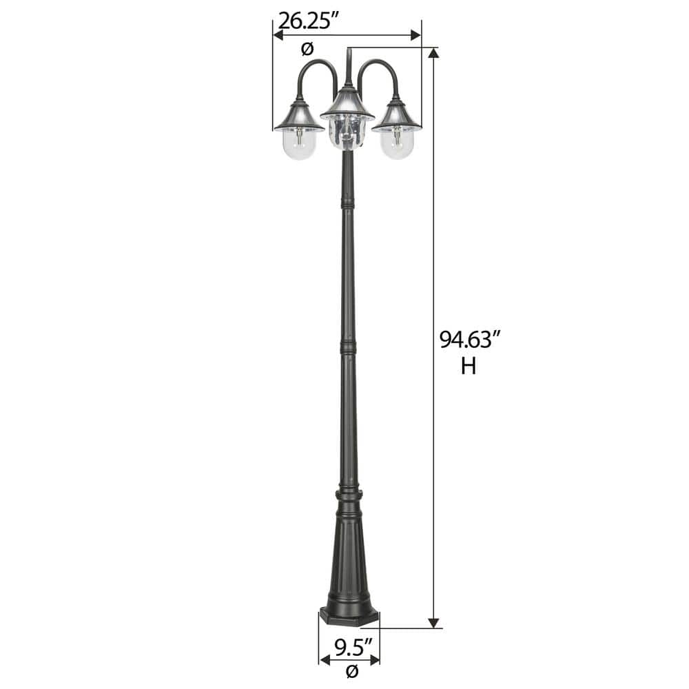 Orion Triple-Head Solar Lamp Post in Black Resin with LED, Dusk to Dawn