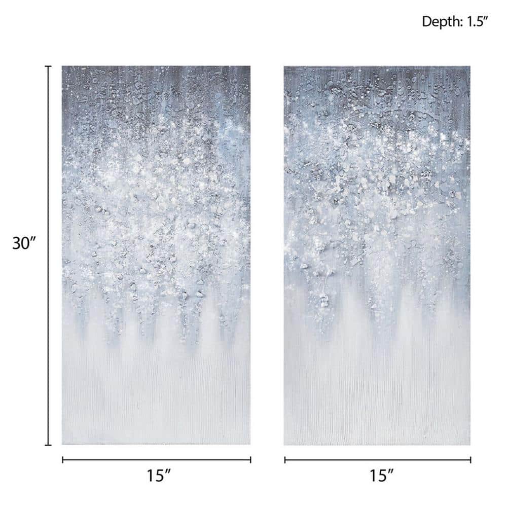 Winter Glaze Blue and White Abstract Embellished Canvas Art 15"x30"