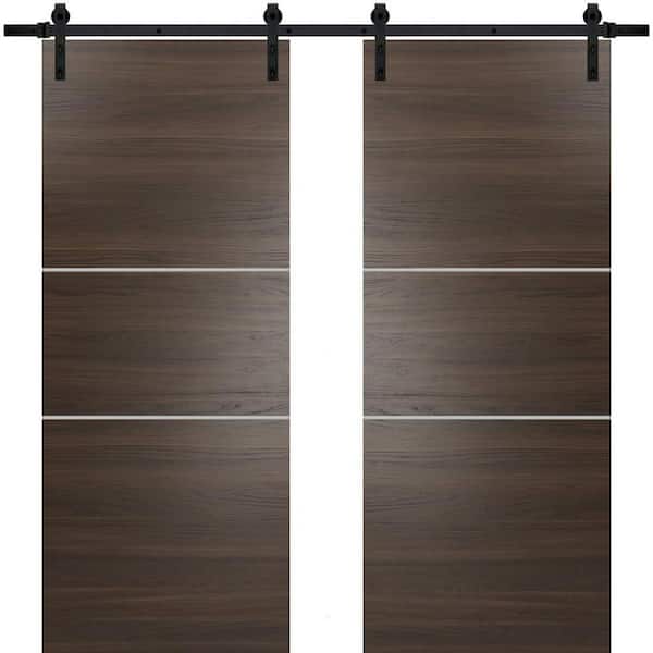 Sartodoors 18 in. x 96 in. 2 Panel Chocolate Ash Solid Wood with Honeycomb Sliding Barn Door with Hardware Kit