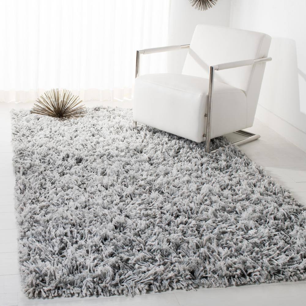 Hand-Tufted Grey Ivory Synthetic Shag Area Rug, 5' x 8'