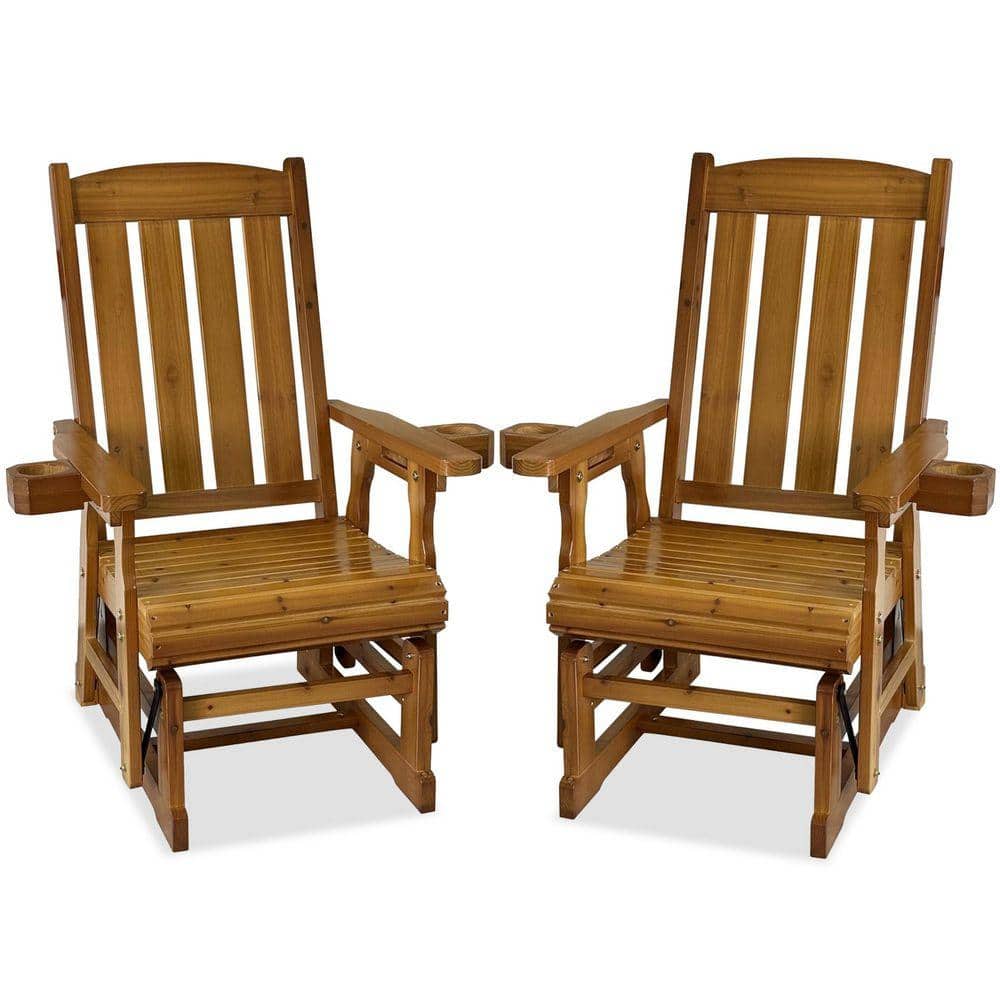 2-Piece Solid Fir Wood Outdoor Glider with Cup Holders, High Back and Deep Contoured Seat, Heavy Duty 600 lbs, Teak Tone