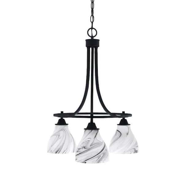 Unbranded Madison 3-Light Matte Black Round Chandelier with 6.25 in. Onyx Swirl Glass Shades, No bulbs included