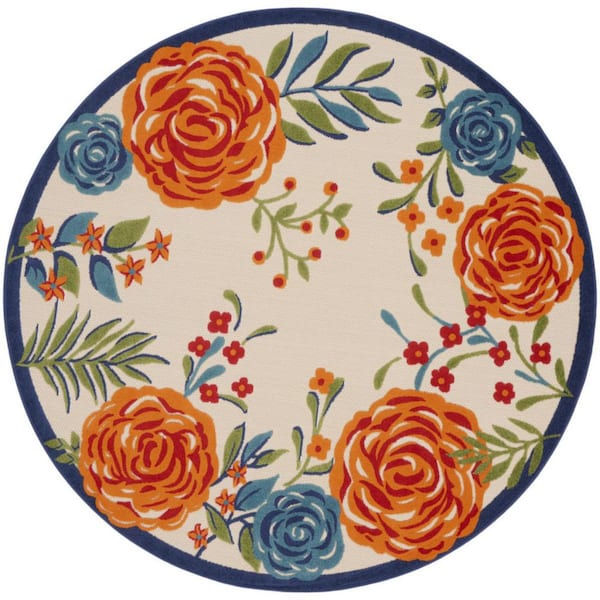 Ivory, Orange, Blue 8 ft. Round Loomed Floral Polypropylene Round Indoor/Outdoor Area Rug