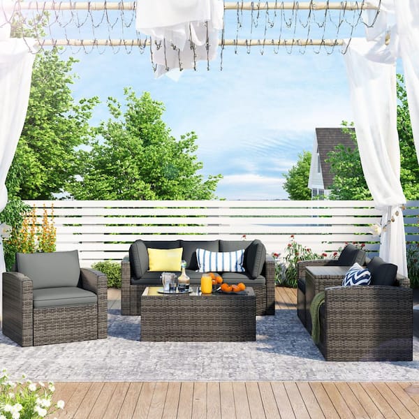 waelph 7-Piece Wicker Patio Conversation Set with Gray Cushions