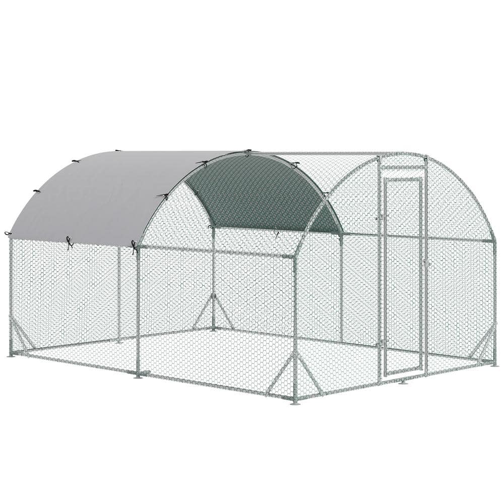 Large Silver Metal Walk-In Chicken Coop with UV Resistant Cover