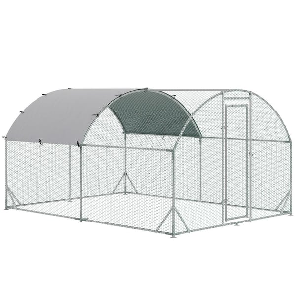 PawHut 9.2 ft. x 6.2 ft. x 6.5 ft. Outdoor Large Silver Metal 0.0026-Acre Chicken In-Ground Coop with Cover for, Silver