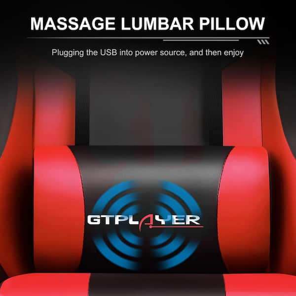 Red PU Leather Gaming Chair with USB Massage Lumbar Pillow and Footrest