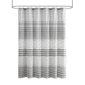 Charlie Grey 70 in. x 72 in. Cotton Yarn Dye Shower Curtain with Pom Poms