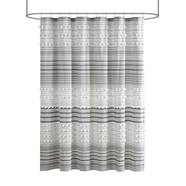 Urban Habitat Charlie Grey 70 in. x 72 in. Cotton Yarn Dye Shower Curtain with Pom Poms