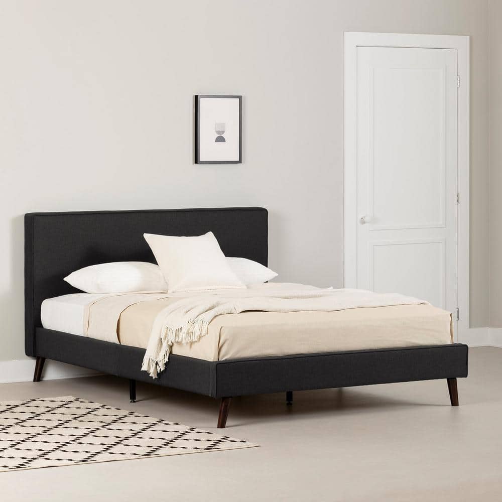 Queen Matte Charcoal Upholstered Bed with Headboard and Slats