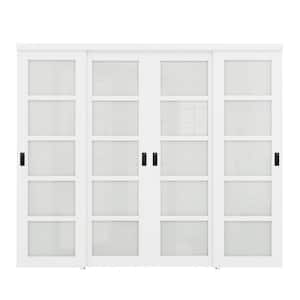 96 in. x 80 in. 5-Lite Tempered Frosted Glass Primed White MDF Interior Closet Sliding Door w/Black Handles and Hardware