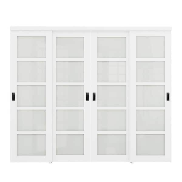 96 in. x 80 in. 5-Lite Frosted Glass Primed White MDF Interior Closet Sliding Door Black Handles and Hardware