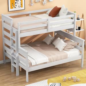 Detachable Style White Twin over Full Wood Bunk Bed with Built-in Ladder, Full-Length Bedrails