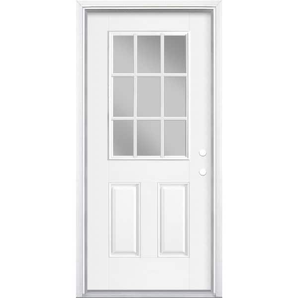 Masonite 36 in. x 80 in. 2 Panel Left-Hand/Inswing 9 Lite Primed White Fiberglass Prehung Front Door with Brickmold