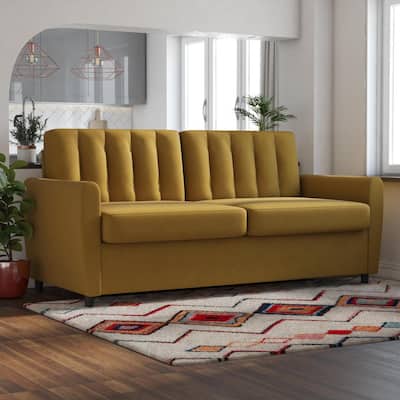 Brittany 32.5 W Mustard Linen Sleeper Sofa with Memory Foam Queen Mattress