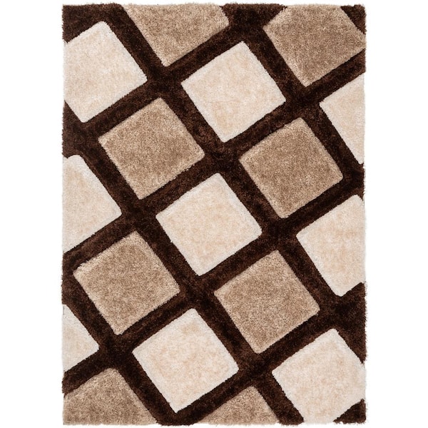 San Francisco Posh Brown Modern Geometric Trellis 7 ft. 10 in. x 9 ft. 10 in. 3D Carved Shag Area Rug