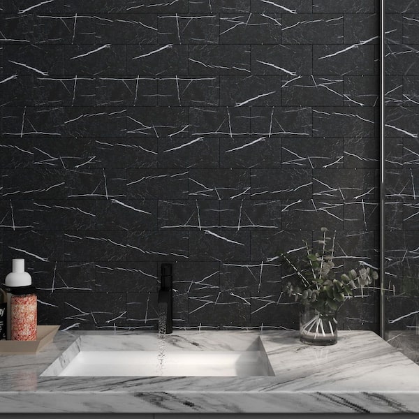 100-Piece Subway Tile Peel and Stick Backsplash 3 in. x 5.9 in. Thickened PVC Kitchen Backsplash Tiles, Black Marble