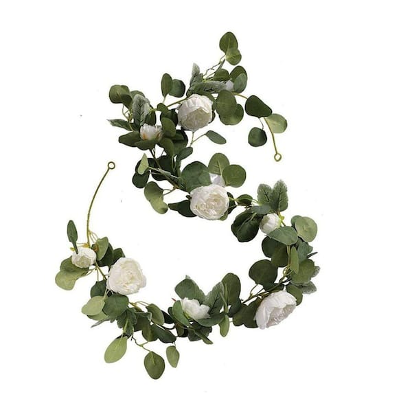 2 Guirlandes Eucalyptus & Roses Blanches Artificielles 6ft - Décor Mariage, Noël, Table Fête Élégante Et Réaliste