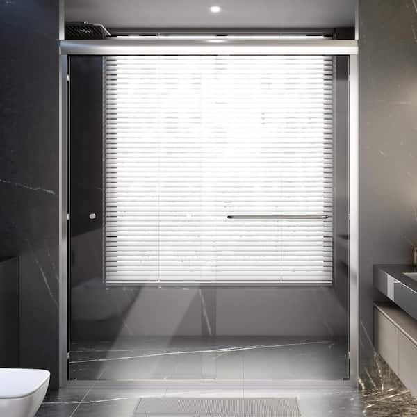 60 in. W x 70 in. H Sliding Semi Frameless Tub Door in Chrome with Clear Tempered Glass and Towel Bar