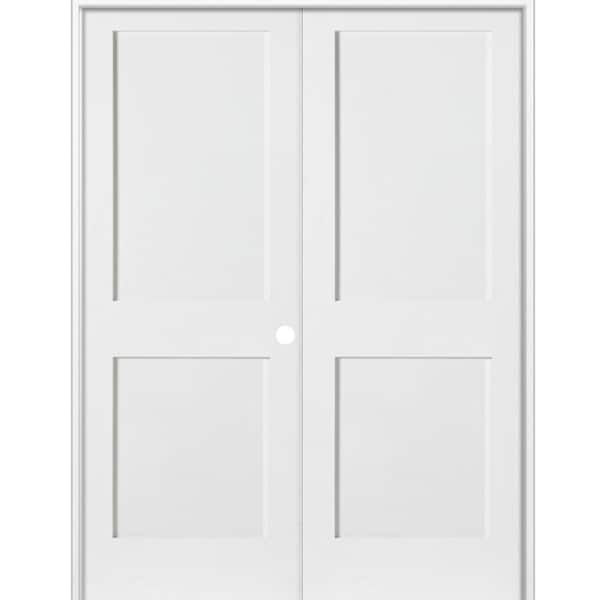 Krosswood Doors 60 in. x 80 in. Craftsman Shaker 2-Panel Left Handed MDF Solid Core Primed Wood Double Prehung Interior French Door