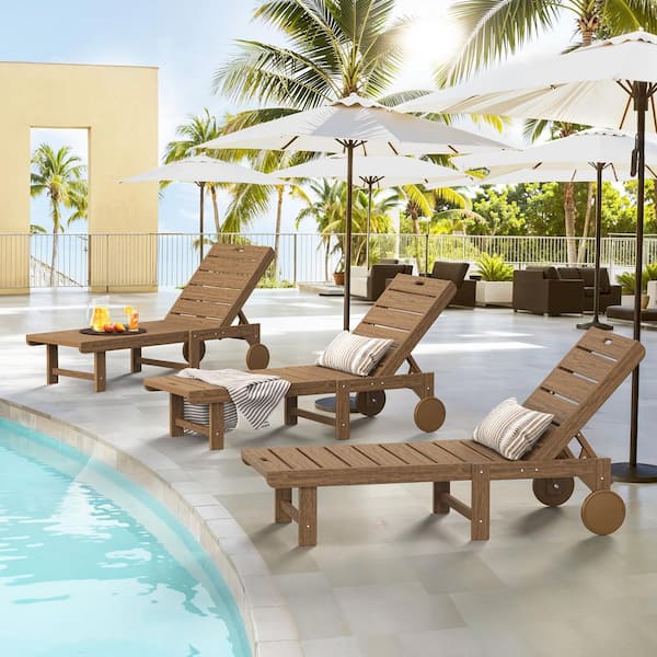 LUE BONA Heli Recycled Brown HDPS Patio Lounge Chair Plastic Stackable Outdoor Chaise Lounge Chair with Wheel Set of 3