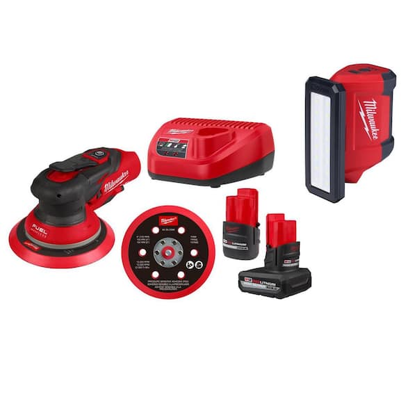 M12 FUEL 12-Volt Li-Ion Brushless Cordless 6 in. Random Orbital Sander Kit (3/16 in) wM12 5.0Ah,2.5Ah Batteries,&Light