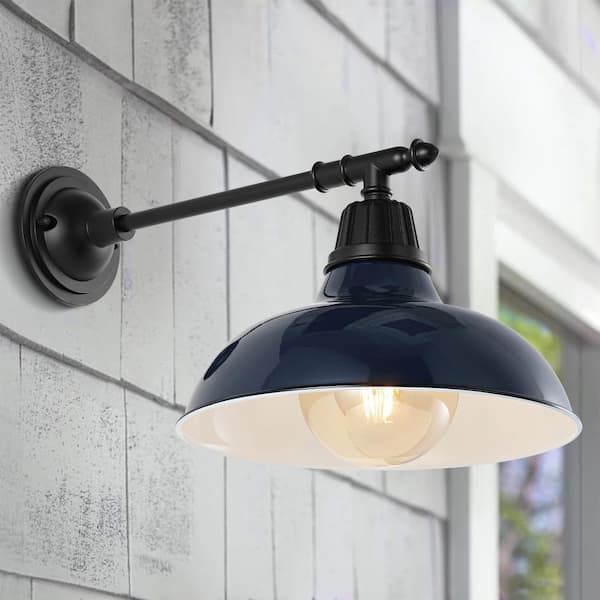 JONATHAN Y Wallace 12.25 in. Navy 1-Light Farmhouse Industrial Indoor/Outdoor Iron LED Victorian Arm Outdoor Sconce
