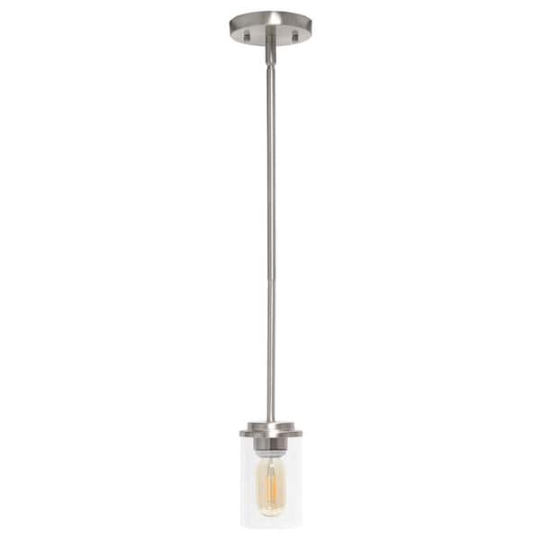 Elegant Designs 5.75 in. 1-Light Brushed Nickel Essential Modern Farmhouse Adjustable Cylindrical Clear Glass Hanging Pendant Light