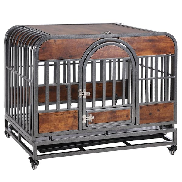 Unbranded 32 in. W Heavy-Duty Dog Crate Furniture Style Dog Crate with Removable Trays and Wheels for High Anxiety Dogs in Brown