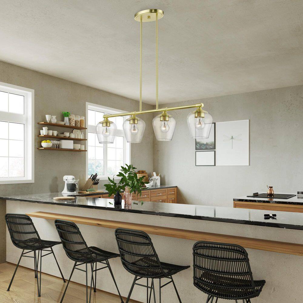 Elegant Satin Brass Linear Chandelier with Clear Glass Shades