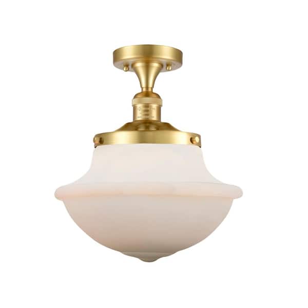 Oxford 11.75 in. 1-Light Satin Gold Traditional Semi-Flush Mount with Frosted Glass Shade