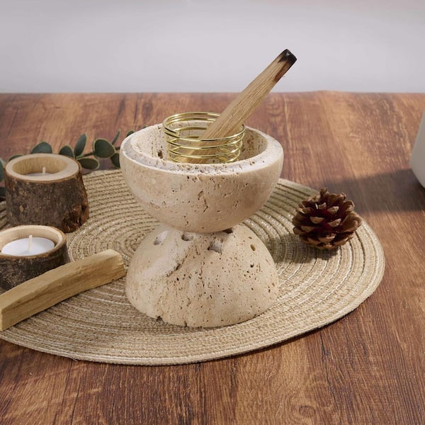 Afoxsos Natural Travertine Stone Incense Burner with Brass Insert
