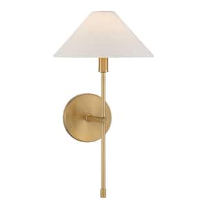Avon 1-Light Warm Brass Wall Sconce with White Linen Fabric Shade