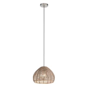 Alma 1-Light Silver Hanging Pendant with Brown Rattan Cloche Shade
