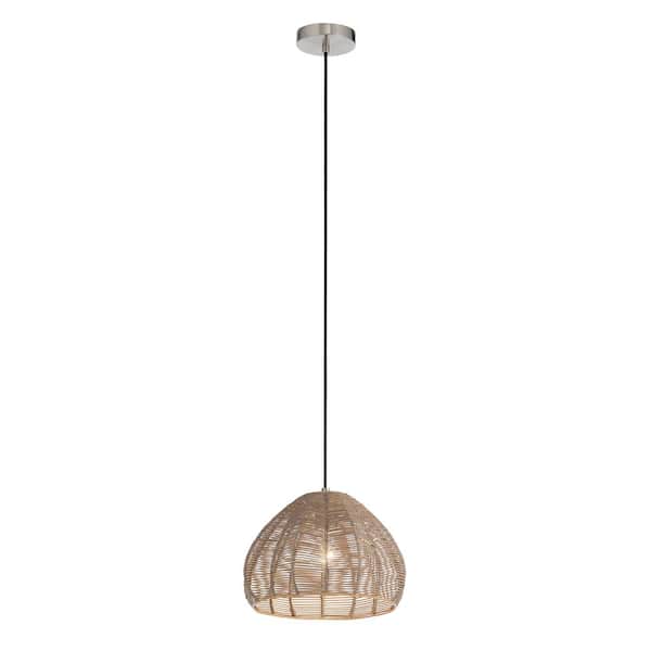 River of Goods Alma 1-Light Silver Hanging Pendant with Brown Rattan Cloche Shade