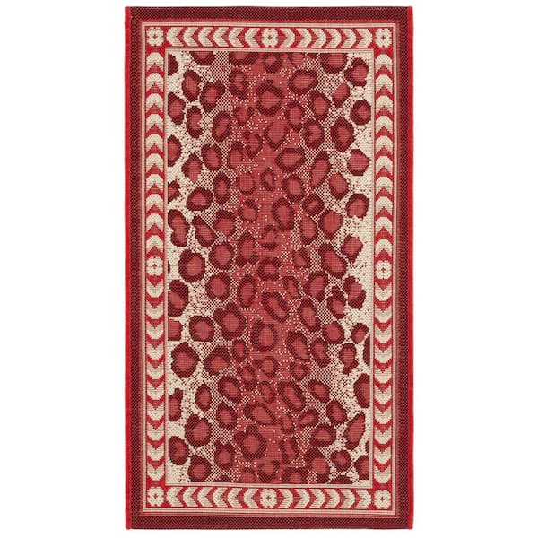 Courtyard Red/Beige 2 ft. x 4 ft. Border Cheetah Indoor/Outdoor Area Rug