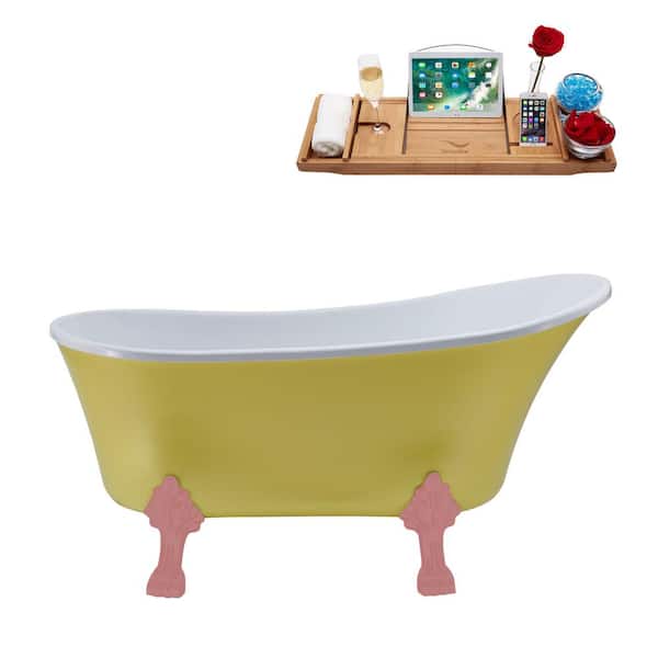 Streamline 63 in. x 28.3 in. Acrylic Clawfoot Soaking Bathtub in Matte Yellow with Matte Pink Clawfeet and Matte Pink Drain