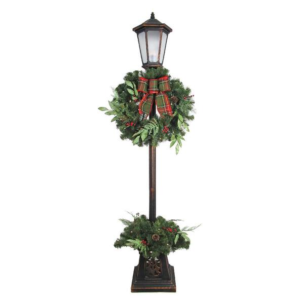 Home Accents Holiday 7 ft. Pre-lit Woodmoore Artificial Lamp Post With Warm White LED Light Decorated With Pinecones And Berries