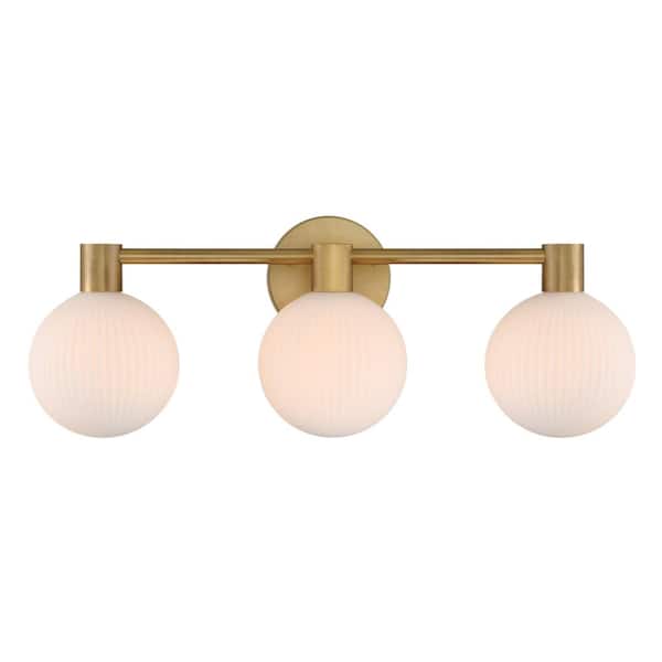Fenton 24 in. 3-Light Legacy Brass Vanity Light with White Striped Glass Shades