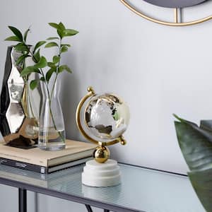 11 in. Gold Marble Decorative Globe with Marble Base and White Base