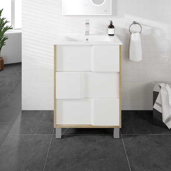 Eviva Toronto 24 in. Single Sink White & Oak Bath Vanity with White Porcelain Top (Assembled)