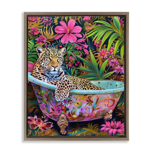 Stupell Industries Tropical Rainforest Leopard Tub by LSR Design Studio Brown Floater Frame Animal Graphic Art Print 31 in. x 25 in.
