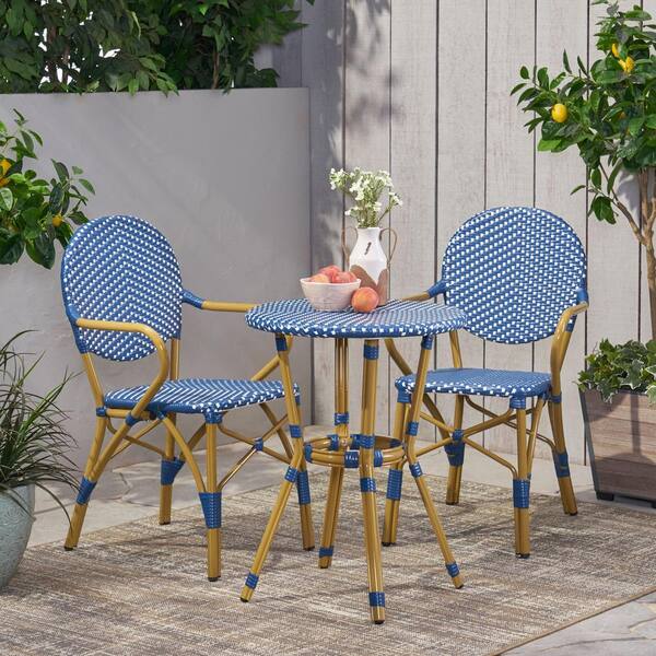 Dark Teal/White 3-Piece Aluminum Outdoor French Bistro Set, Bamboo