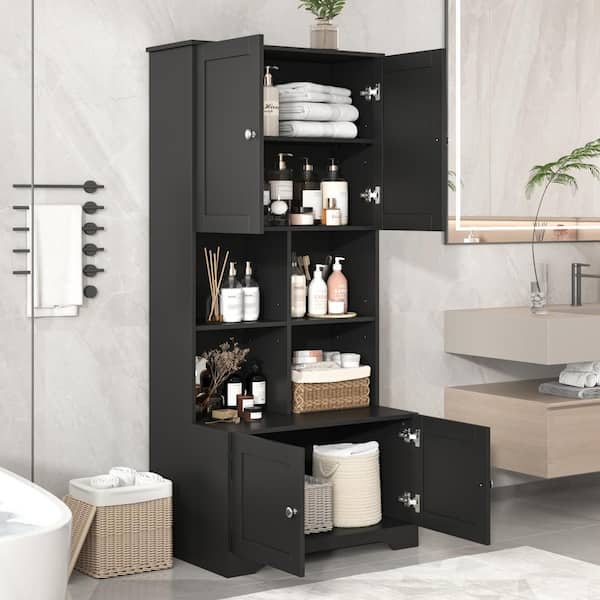 Cesicia 31 in. W x 12 in. D x 67 in. H Black MDF Freestanding Bathroom Linen Cabinet with 4 Doors, Adjustable Shelves